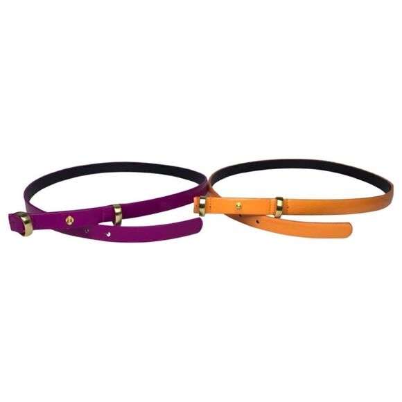 Belts!  Set of Two!  Orange & Purple Patent Leather Goldtone Hardware Size L? - Picture 1 of 8